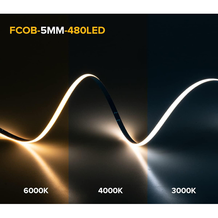 Світлодіодна стрічка FCOB COB гнучка тепла біла високої щільності 3000K 480 світлодіодів/м 7 Вт/м 16,4 FT/5 М DC12V шириною 5 мм Світлодіодне світло з можливістю затемнення CRI90 Рівномірна яскравість для прикраси своїми руками (не контент, джерело живлен