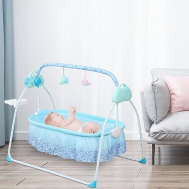 Дитяче ліжко Geweered Baby Swing Електронна розбірна дитяча гойдалка, з полицею для іграшок-головоломок, U-подібна подушка, зручна та надійна, вантажопідйомність 25 кг/55 фунтів для 0-18 місяців (синій)