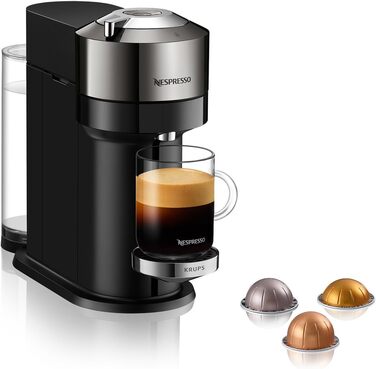 Кавова капсульна машина Nespresso Krups XN910C Vertuo Next Резервуар для води 1,1 л Розпізнавання капсул за штрих-кодом 6 розмірів чашок Функція вимкнення живлення 54 переробленого пластику Темний хром