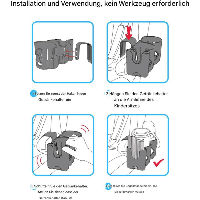 Тримач під чашку для автомобільного крісла, подвійний тримач для телефону в колясці та тримач для пляшки, регульована безпека дитячої чашки для трансформованих автокрісел, 8,46x4,02x4,02 дюйма, для чашок, пляшок, ручок і олівців