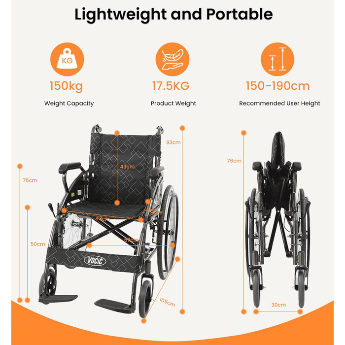 Складна легка транспортна інвалідна коляска VOCIC (17,5 кг), самохідна інвалідна коляска з подвійними гальмами для людей похилого віку, туристичне крісло колісне з великим заднім колесом 60 см для будь-якої місцевості 5 років гарантії Сірий