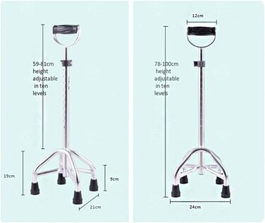 Регульована по висоті тростина для ходьби, чотирикутні нековзні переносні милиці з алюмінієвого сплаву, 10 рівнів регулювання висоти, для людей похилого віку з інсультом і геміплегією Wwyy