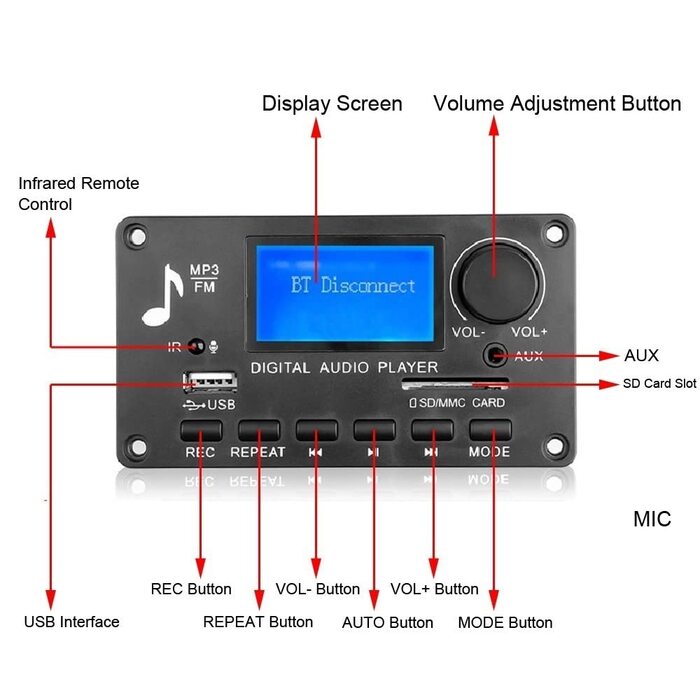 Плата декодера Bluetooth, плата декодера постійного струму Bluetooth 5.0 MP3 постійного струму 12 В, плата автомобільного підсилювача потужності з пультом дистанційного керування, MP3 WMA WAV FLAC APE