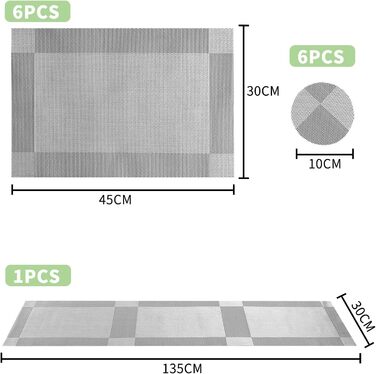 Набір з 6 миються, Placemat витирається - Килимок з бігунком для столу і підставкою - Термостійкі килимки з ПВХ, підходять для кухонних обідніх столів (сріблястий) Срібний набір з 6 настільний бігун з підставкою
