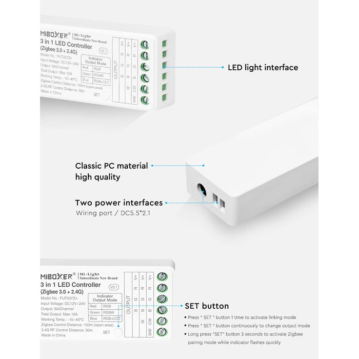 Диммер Milight Miboxer Zigbee3.0, одноколірний контролер світлодіодної стрічки, 12 В/24 В, сумісний із додатком Zigbee Storeo Echo/голосовим керуванням, (FUT037z)