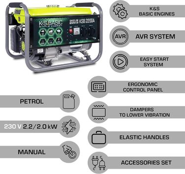 Генератор електроенергії KS BASIC 2200А, 4-тактний бензиновий двигун 5.5 к.с., алюмінієвий альтернатор, автоматичний регулятор напруги (AVR), генератор 2200 Вт, 16А, 230В, для дому та відпочинку