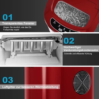 Льодогенератор COSTWAY 12 кг/24 години, льодогенератор 9 кубиків льоду за 6-13 хв, льодогенератор 2,2 л, резервуар для води, льодогенератор 2 розміру кубиків льоду, включаючи ложку, 25x36x33 см (червоний)