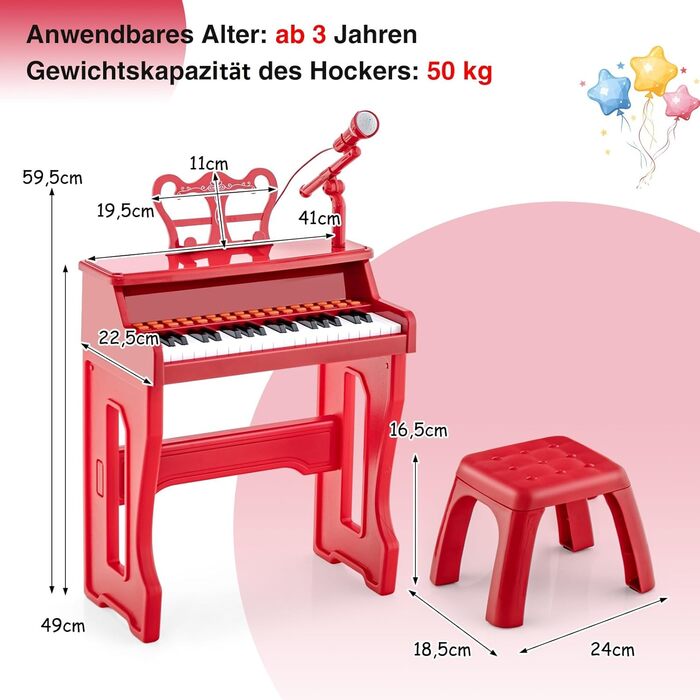 Клавішна дитяча клавіатура, електронне дитяче піаніно зі стільчиком, регульованим мікрофоном та пюпітром, дитяча фортепіанна клавіатура для дітей від 3 років (червона), 37-