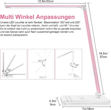 Настільна лампа Weareok LED з регулюванням яскравості, настільна лампа для захисту очей, настільна лампа 5 кольорів і 6 рівнів яскравості, бездротовий зарядний пристрій 10 Вт QI та настільна лампа з USB-портом із сенсорним штекером для офісу Black (рожеви