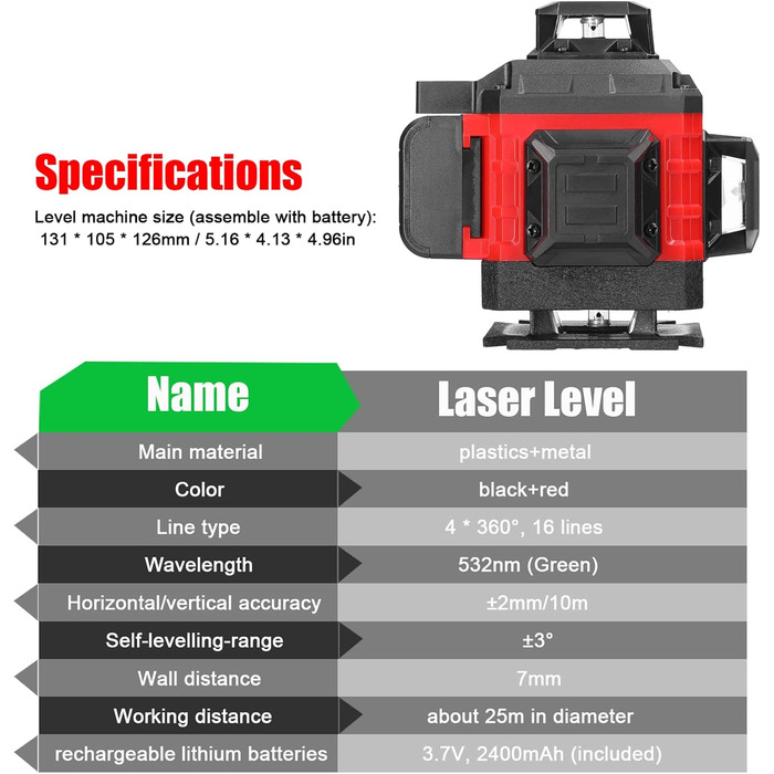 Лінійний лазерний 16-лінійний лазерний рівень перехресний лазерний самовирівнюючий лазерний рівень всеспрямований підлога стіна наклейка набір інструментів для DIY, 2 літієва батарея, що перезаряджається, 4x360