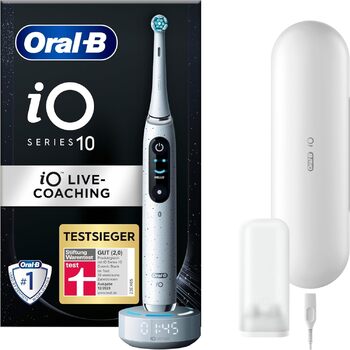 Електрична зубна щітка Oral-B iO Series 10, 7 режимів чищення, догляд за зубами, iOSense, кольоровий дисплей і дорожній футляр для зарядки, дизайн Braun, зоряний пил білий