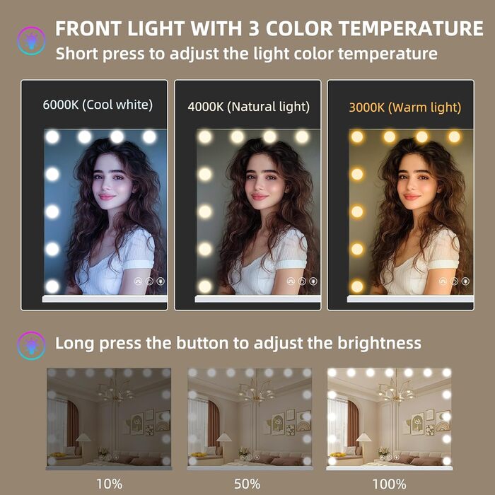 Дзеркало для макіяжу Hansong Hollywood з RGB Дзеркало для макіяжу з підсвічуванням 15 з регулюванням яскравості Велике світлодіодне дзеркало для макіяжу з підсвічуванням 3 колірної температури Настільне дзеркало Дзеркало з сенсорним управлінням Настінне д