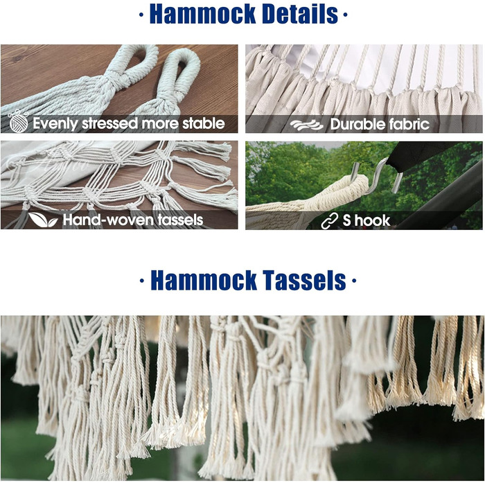 Гамак Anyoo Hammock Outdoor Tassels Гамак з ременями на дереві, зручний і дихаючий бавовняний гамак з сумкою для перенесення для патіо Балкон Двір Сад Білий