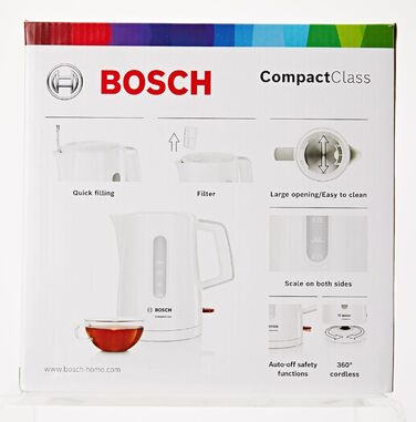 Акумуляторний чайник Bosch CompactClassTWK3A051, швидкий нагрів, індикатор рівня води з обох сторін, захист від перегріву, 1 л, 2400 Вт, білий Single