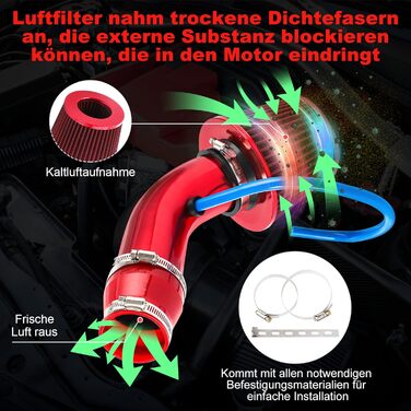 Універсальний спортивний повітряний фільтр CarBole Повітряне охолодження автомобіля Комплект повітрозабірних фільтрів Універсальна система впуску повітря з вуглецевого волокна зі шлангом червоним