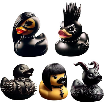 Статуя качки Duckieville Качки Сатани Gothic Punk Ducks Скульптура смоляної чорної рокерської качки Колекційна статуя смоляної качки Готична статуя качки Подарунок для любителів готики, 5 шт.