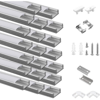 ПАКЕТНИЙ світлодіодний профіль алюміній 20 x 1 м, U-подібний алюмінієвий профіль з молочною кришкою для світлодіодних стрічок, торцевих кришок і монтажного кронштейна для світлодіодних стрічок, дуже проста установка U ПРОФІЛЬ 20 ПАКЕТ, 20-