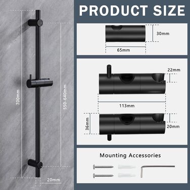Душова штанга DETBOM з нержавіючої сталі 70 см, душова штанга з кронштейном душової лійки на 360, що обертається та регулюється, душова планка зі змінними настінними кріпленнями для змінної адаптації до існуючих отворів для свердління - хромований (чорний
