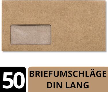 Конвертів з крафт-паперу DIN Long - компостується з BIO Window - Чутливий до тиску клей 11,4 x 22,9 см - Конверти з переробленого паперу - від NEUSER PAPIER 01 Kraft-Braun з конвертами Window 50, 50