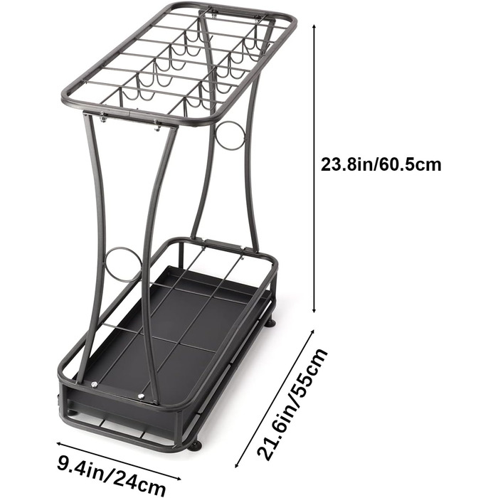 Підставка для парасольки MYOYAY Підставка для парасольки металева чорна зі знімним піддоном для крапель і 24 гачками Тримач для зберігання парасольки на 21 отвір Підставка для парасольок для дому, офісу, входу