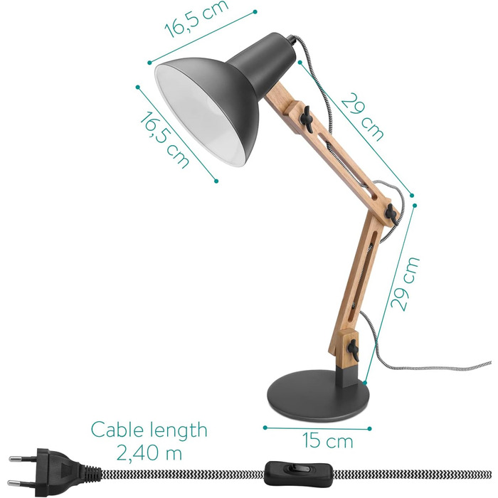 Дерев'яна настільна лампа Navaris Design - цоколь E27 - з підставкою - Настільна ретро-лампа з регульованим шарнірним кронштейном - вінтажна приліжкова лампа темно-сірого кольору