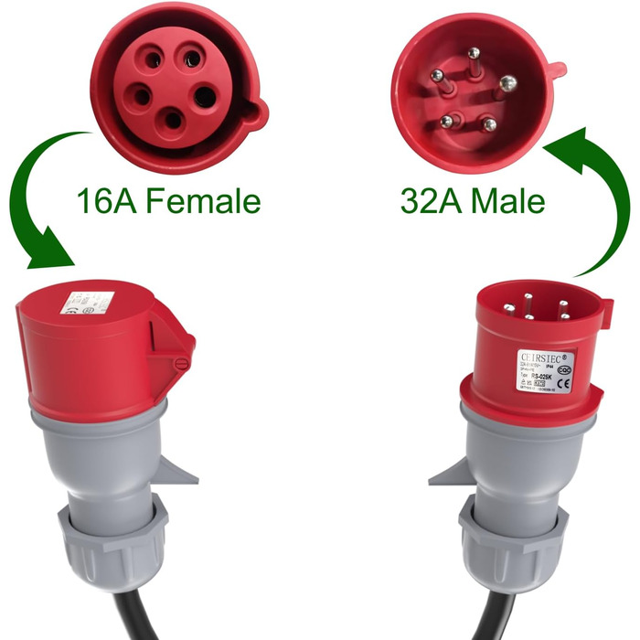 Адаптер Aiskooc 32A між штекером і 16 А зв'язкою CEE, 5-контактний кабель адаптера високого струму, довжина кабелю 0,5 м, 3 фази 400 В, сертифікований IP44