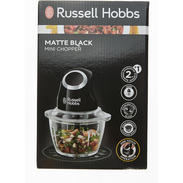 Електричний подрібнювач Russell Hobbs Mini скляний контейнер з кришкою для зберігання матовий чорний (500 мл, подрібнювач овочів, блендер, мульти-& універсальний подрібнювач овочів, фруктів і м'яса) 24662-56 Подрібнювач, одинарний