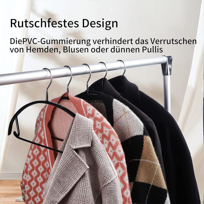 Вішаки, металеві вішалки 42 см, нековзні вішалки з гумовим покриттям без виступів на плечах, вішалки з нержавіючої сталі, високоякісна вішалка для костюма зі штанною штангою для светра сорочка куртка (чорна), 10 шт.