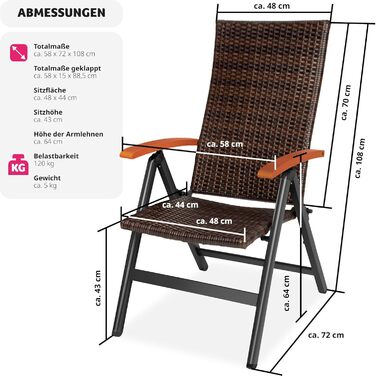 Садове крісло tectake Alu Polyrattan, складне крісло з регульованою спинкою в 6 напрямках, стійке до погодних умов, алюмінієвий каркас, кемпінгове крісло з дерев'яними підлокітниками, стілець для саду, балкона, патіо - коричневий Коричнево-коричневий