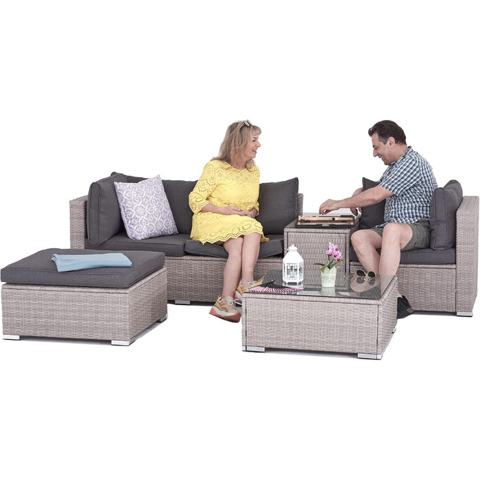 Насолоджуйтесь набором для відпочинку Fit Rattan Poly Rattan Lounge Меблі з 3-місного дивана, табуретки, столу з місцем для зберігання та столом для зберігання зі скляною стільницею