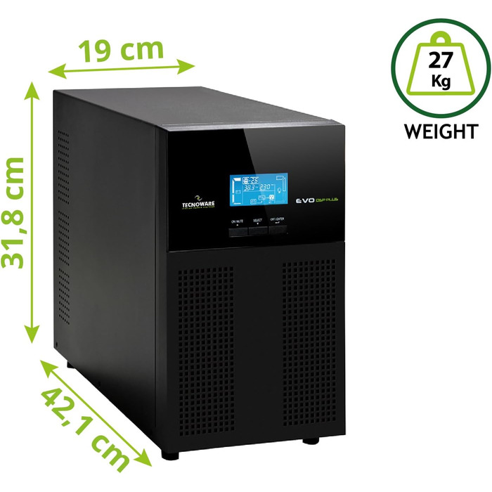 Джерело безперебійного живлення Tecnoware UPS EVO DSP PLUS 3600 - Онлайн-технологія, монтажна вежа - 8 виходів IEC - Автономність до 40 хв - Потужність (3600 ВА, вежа)