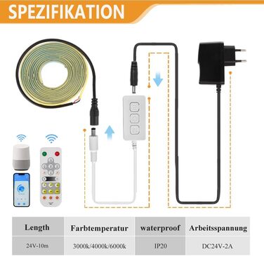 Світлодіодна стрічка Yamlten 12 В COB, тепла біла, світлодіодна стрічка з можливістю затемнення з радіочастотним пультом дистанційного керування/розумним додатком/керуванням Alexa, 320 світлодіодів/м для кухні, ванної кімнати, спальні Світлодіодна стрічка