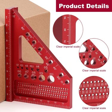 Кутник для столярного кутника POFIBO - кутник 3D з алюмінієвого сплаву 22,5-90 градусів, вкл. маркер для глибоких отворів, для точної розмітки та креслення, для столярів та інженерів, червоний