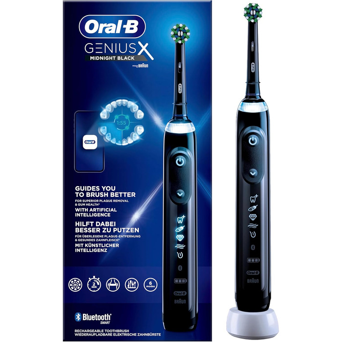 Електрична зубна щітка Oral-B Genius X, 6 режимів чищення зубів для догляду за зубами, додаток зі штучним інтелектом і Bluetooth, подарунок чоловіку/жінці, дизайн коричневого, чорного