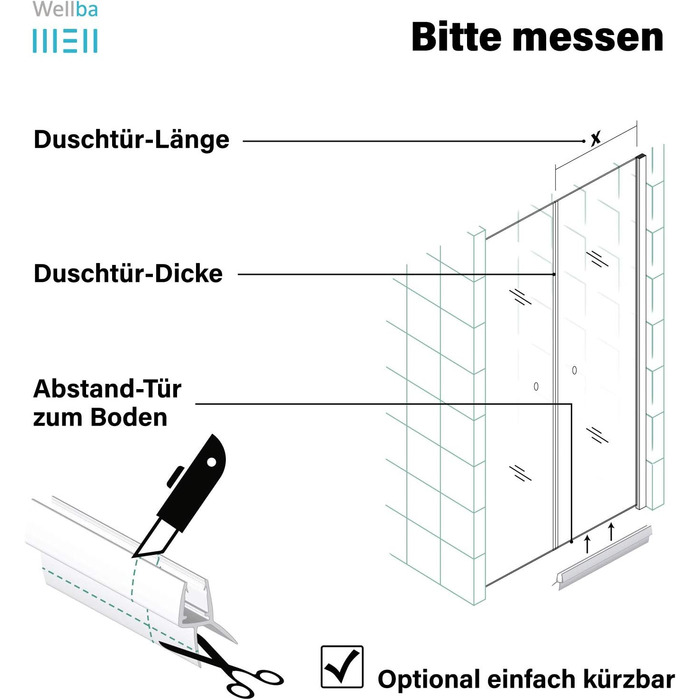 Ущільнювач для душових дверей Wellba Premium (2 шт. 80 см) для прямих скляних дверей товщиною 6 мм 7 мм 8 мм Водовідштовхувальний ущільнювач для душу або ущільнювач душової кабіни з оптимально розташованими гумовими губками