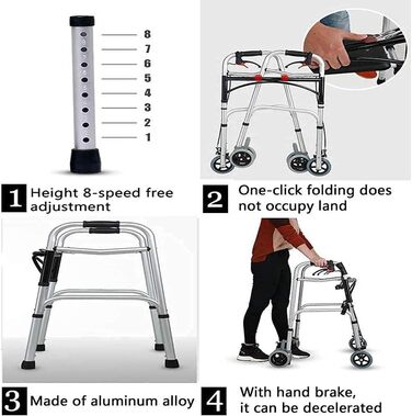 Допоміжні засоби для ходьби для людей похилого віку, Розбірні ходунки, Допоміжні засоби для ходьби, портативні, легкі, з передньою підніжкою, з колесами, Допоміжний засіб для ходьби з алюмінієвого сплаву, 8-швидкісне регулювання висоти для людей похилого 