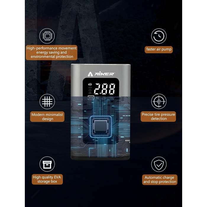 Електричний повітряний насос AIKER, у 2 рази швидше накачування 150 фунтів на квадратний дюйм Високопродуктивний чіп з алюмінієвого сплаву Дизайн корпусу SOS Аварійне світло Портативний акумуляторний компресор для автомобіля/мотоцикла/м'яча та всіх велоси