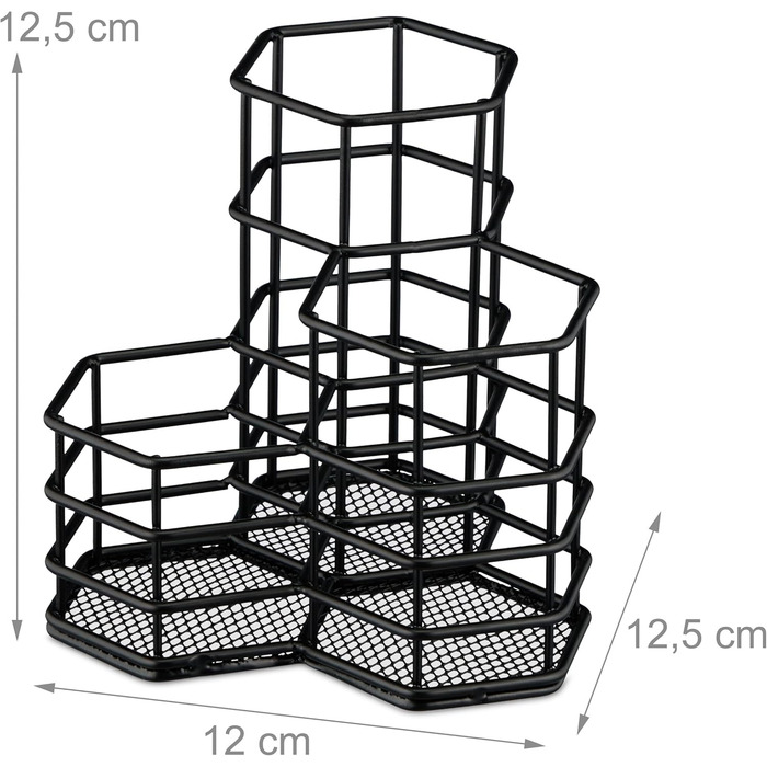 Тримач для щіток, 3 відділення, шестигранний, В x Ш x Г 12,5 x 12 x 12,5 см, дріт, тримач для олівців, письмовий стіл, вибір кольору чорний