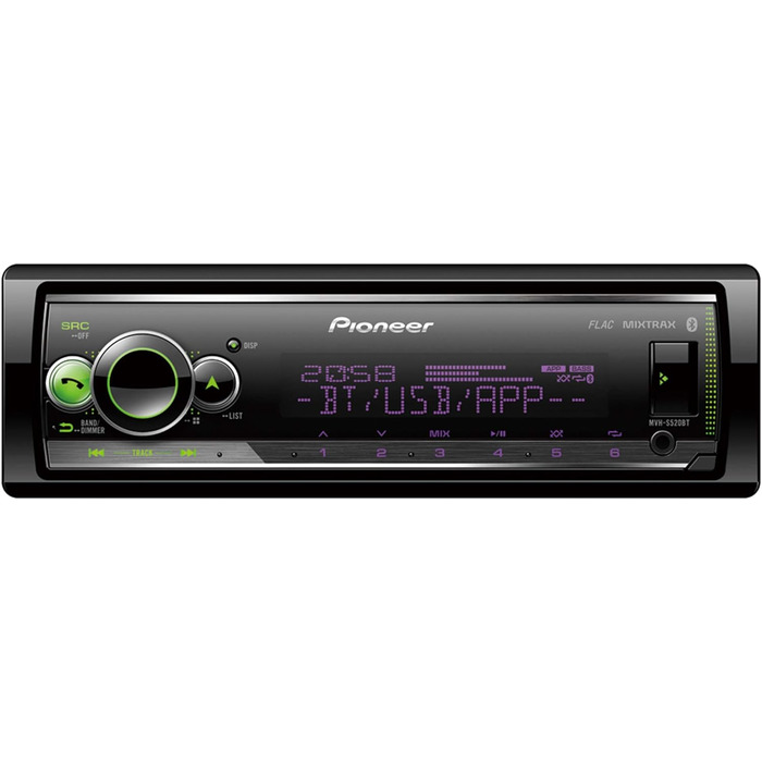 Приймач PIONEER 1-DIN з Bluetooth, червоним/білим підсвічуванням, роз'ємом USB/3,5 мм, Spotify, додатком Pioneer Smart Sync і сумісний з пристроями Apple і Android, червоний/чорний, MVH-S420BT (колір vario, колір Vario, одинарний)