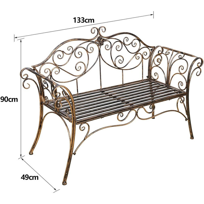 Садова лавка HLC Металева лавка зі спинкою та підлокітником Залізна лавка для 2-3 місних Лавка в ретро-стилі Лавка для саду, парку, балкона (бронза)