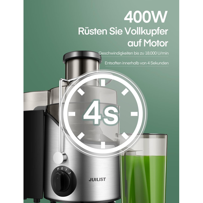 Соковижималка JUILIST для овочів і фруктів, жолоб подачі 65 мм, 3 режими, зі щіткою для чищення, легко чиститься срібло