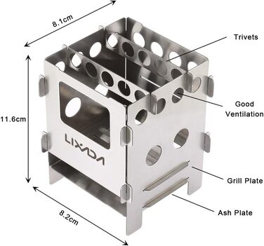 Дров'яна піч для кемпінгу Lixada з нержавіючої сталі / титану, складна портативна піч для бомжів з сумкою для зберігання, міні-карбюратор на дровах для кемпінгу на природі, походів, пікніків, барбекю тощо, 8,2 * 8,1 * 11,6 см