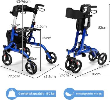 Роллатор GOPLUS складний, регульований по висоті допоміжний засіб для ходьби, включаючи ручки та сидіння з заднім ременем, допоміжний засіб для ходьби з колесами, тримач для сумки та палиці, ходунки з алюмінію до 150 кг з навантаженням для людей похилого 
