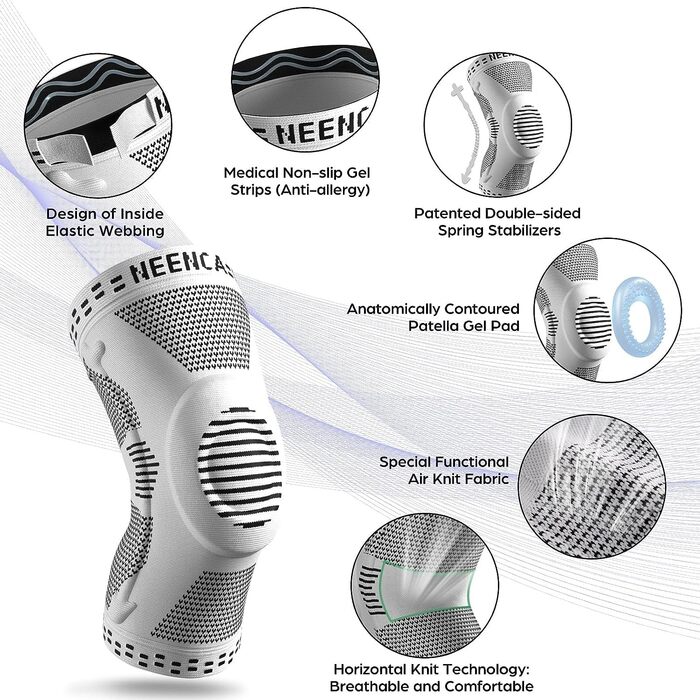 Бандаж для колінного суглоба NEENCA, стиснутий колінний бандаж із подушечками Patea Ge та пружинними бічними стабілізаторами, медичний наколінник для ввімкнення, розриву меніска, артриту, полегшення болю, підйому кондиціонера (сірий, XL)