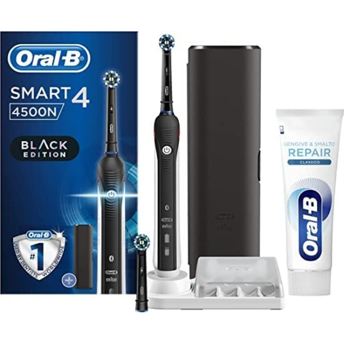 Акумуляторна електрична зубна щітка Oral-B SMART 4 4500 CrossAction, чорна, 2 насадки для щітки, дорожній кейс зубна паста Oral-B Gums & Classic Repair Nail Polish. 1 зубна щітка, 1 зубна паста