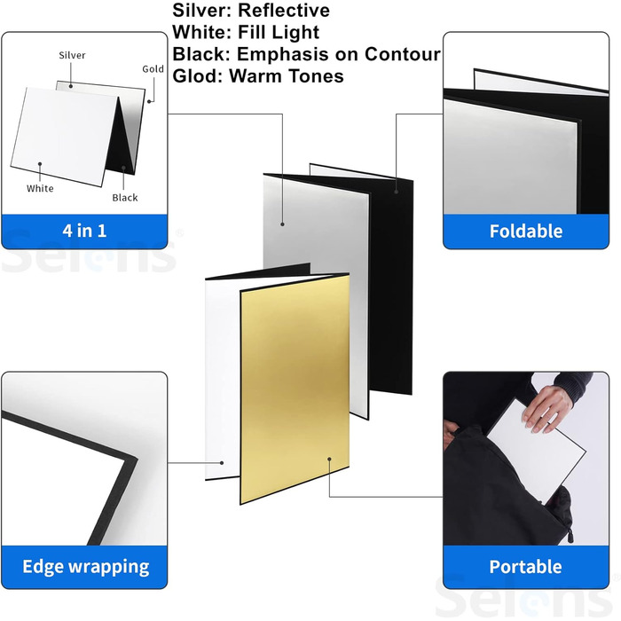 В 1 Фоторефлектор Картон, 42x29.7CM Складна дошка розсіювача світла Фон A3 Рефлектор для продуктів харчування Ювелірні вироби Натюрморт Зйомка Сріблястий/Білий/Золотий/Чорний, 4