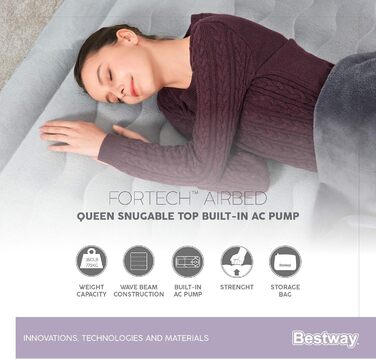 Надувний ліжко Bestway Fortech Snuugable Top 203 x 152 x 46 см, з вбудованим електронасосом