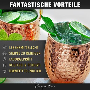 Кружки Vezato Moscow Mule Mugs 500 мл - Ковані мідні кружки з соломинками - Набір ручної роботи 4 шт. и - Мідні кружки з нержавіючої сталі