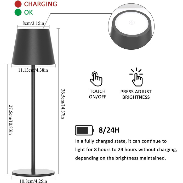 Бездротова бездротова настільна лампа K-Bright LED з можливістю затемнення, акумуляторна настільна лампа 3000K/4000K/6000K з трьома колірними температурами з USB-C, водонепроникний IP54, чорний (ука темно-сірого з трьома колірними температурами)