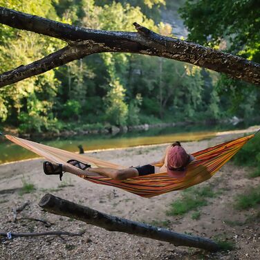 Туристичний кемпінг-гамак NATUREFUN 275 x 140 см преміум-класу максимальна вантажопідйомність до  300 кг дихаючий, швидковисихаючий з парашутного нейлону з 2 карабінами  жовта смуга